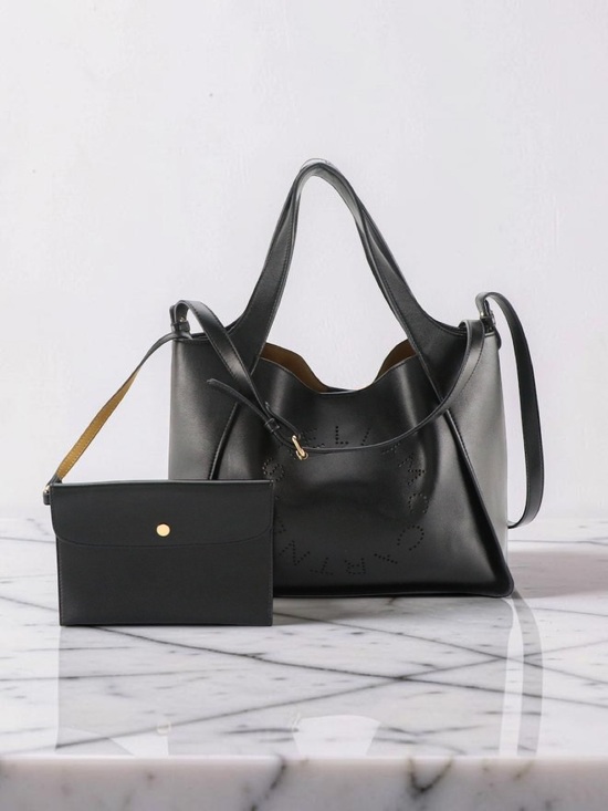 Stella McCartney Handbags - Stella McCartney Black Perforated Vegan Leather Two-Way Tote Bag with Pouch